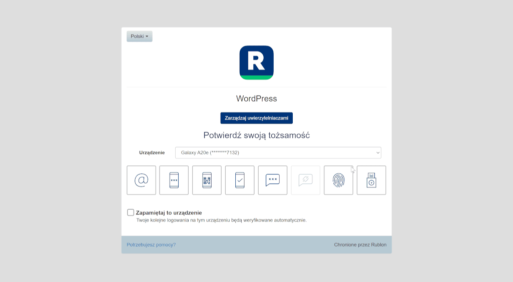 GIF przedstawiający logowanie przy użyciu programowego klucza dostępu FIDO2 w platformie Rublon MFA