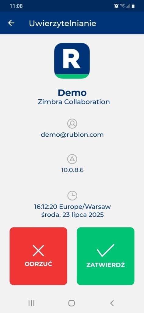 Obrazek przedstawiający powiadomienie push na urządzeniu mobilnym otrzymane przez użytkownika podczas uwierzytelniania do usługi Zimbra Collaboration.