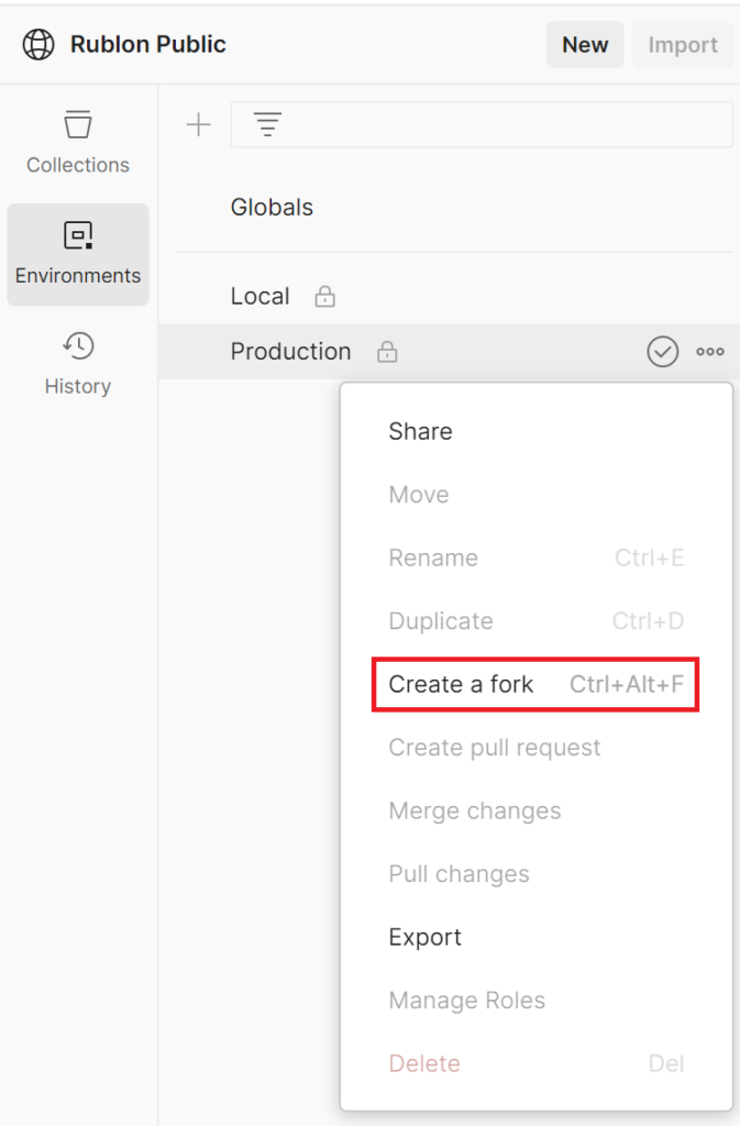 Image showing how to fork the Rublon Postman environment.