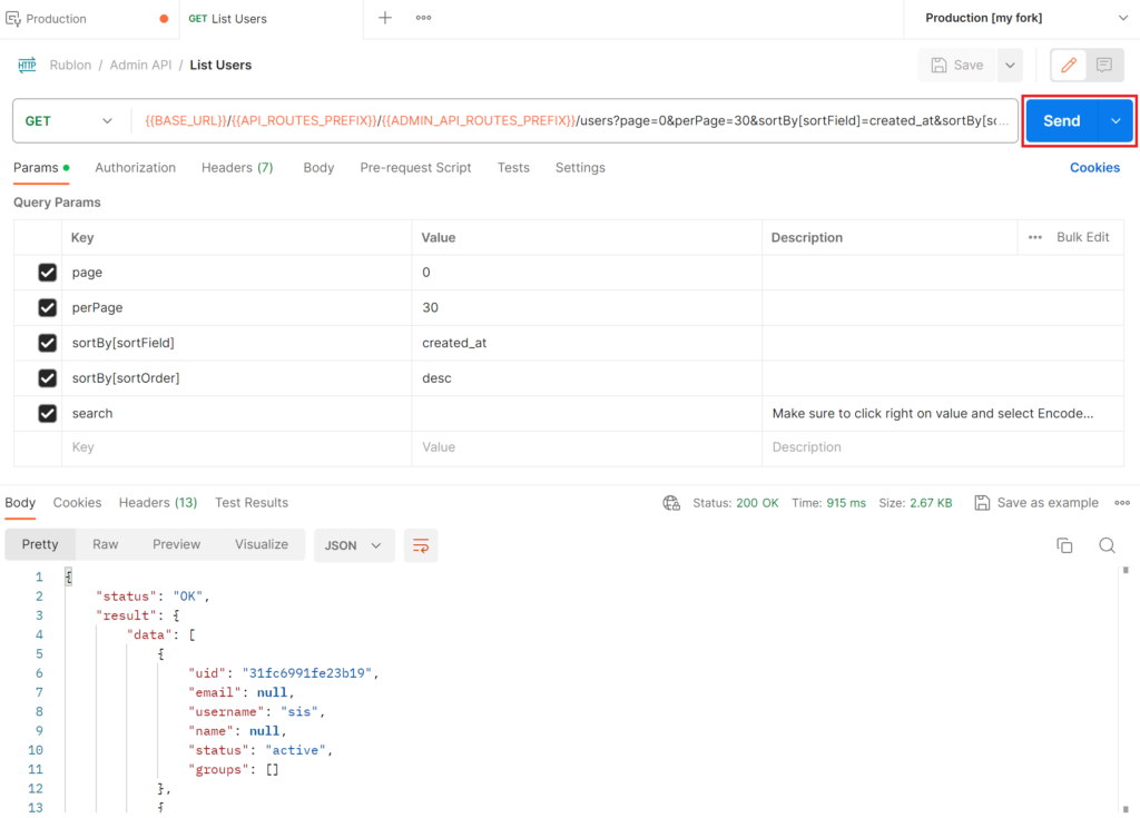 Image showing Postman returning a successful response after sending a Rublon Admin API call.