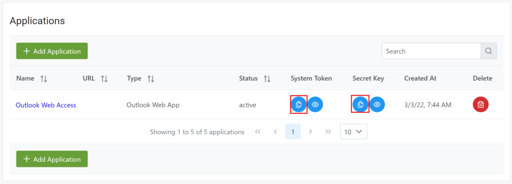 Image showing how to copy the System Token and Secrey Key of an application of type Outlook Web App in the Rublon Admin Console