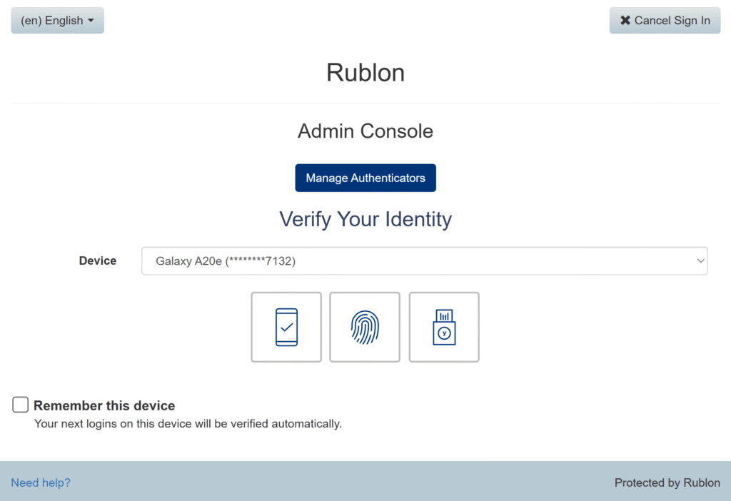 The Admin Sign-in Settings tab allows you to hide the deactivated authentication methods during admin sign-ins, very much like Rublon Policies allow doing that for users.