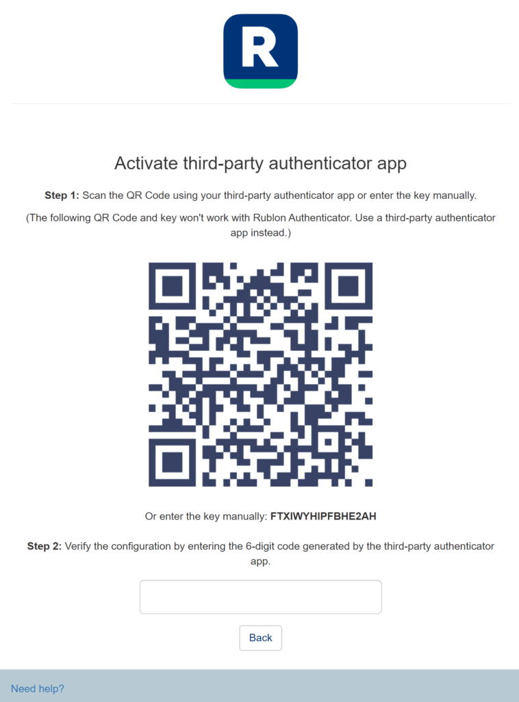 Image showing the QR code the user must scan to activate their third-party authenticator app