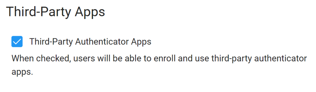 Image showing how to enable Third-Party Apps in the Settings tab of Rublon Admin Console