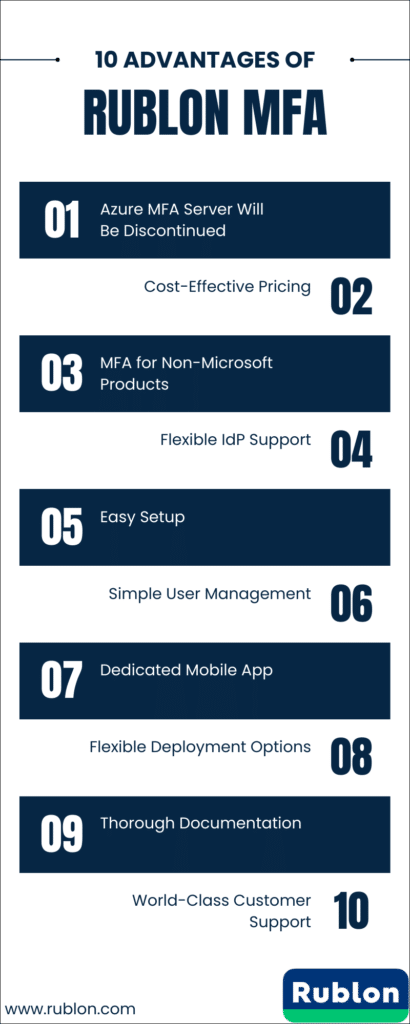 Image ennumerating 10 advantages of using Rublon MFA as an Azure MFA alternative