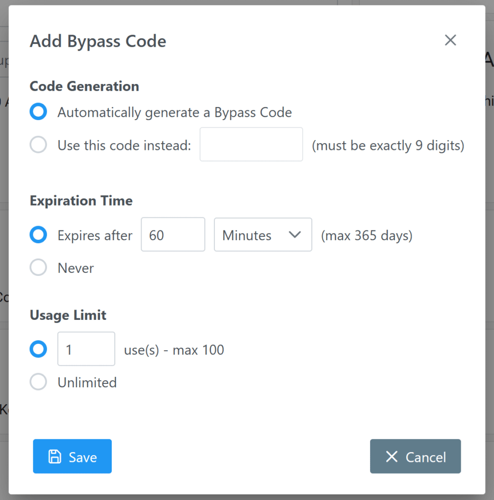 Image showing adding a Bypass Code in the Rublon Admin Console