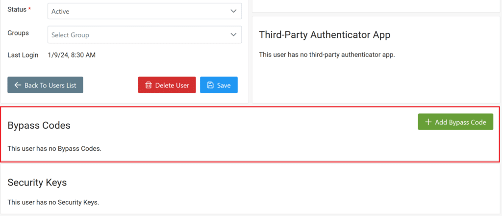 Image showing the Bypass Codes section in the user profile in the Rublon Admin Console