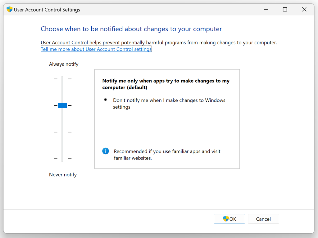 Image showing changing User Access Control (UAC) settings on Windows