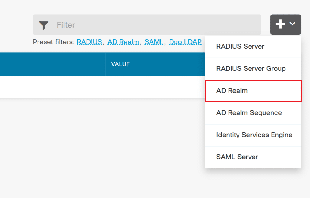Image showing selecting AD Realm in the plus icon dropdown during MFA for Cisco FTD Firepower Firewall configuration in Firewall Device Manager.