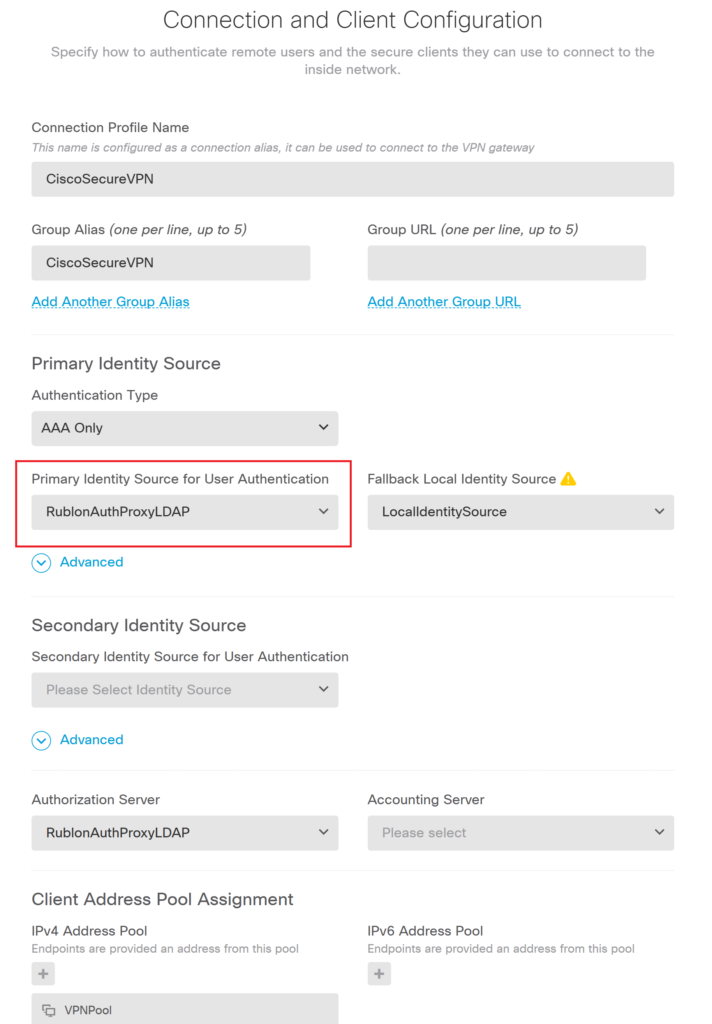 Image showing where to set the Rublon Auth Proxy Identity Source as the Primary Identity Source for User Authentication during MFA for Cisco FTD Firepower Firewall configuration in Firewall Device Manager.