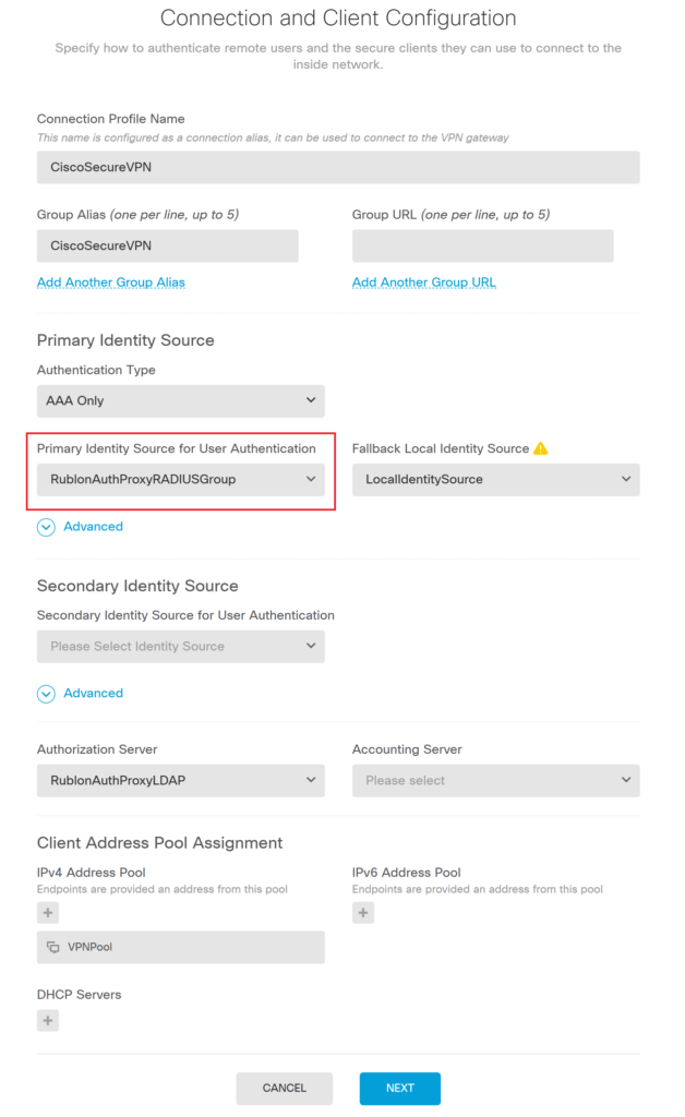 Image showing where to set the Rublon Auth Proxy RADIUS Group Identity Source as the Primary Identity Source for User Authentication during MFA for Cisco FTD Firepower Firewall configuration in Firewall Device Manager.