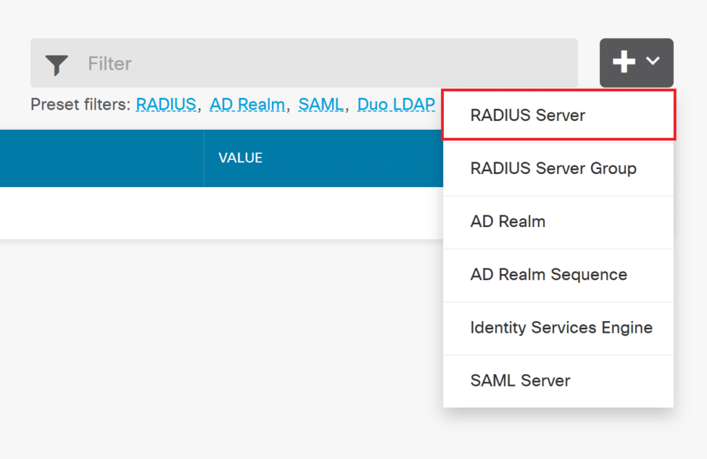Image showing selecting RADIUS Server in the plus icon dropdown during MFA for Cisco FTD Firepower Firewall configuration in Firewall Device Manager.