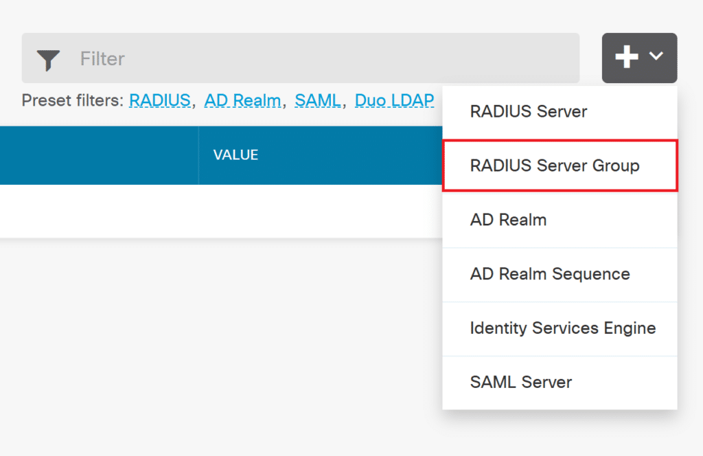 Image showing selecting RADIUS Server Group in the plus icon dropdown during MFA for Cisco FTD Firepower Firewall configuration in Firewall Device Manager.