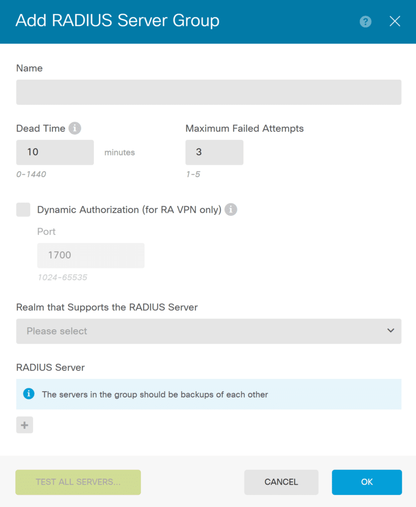Image showing the creation of a new RADIUS Server Group during MFA for Cisco FTD Firepower Firewall configuration in Firewall Device Manager.