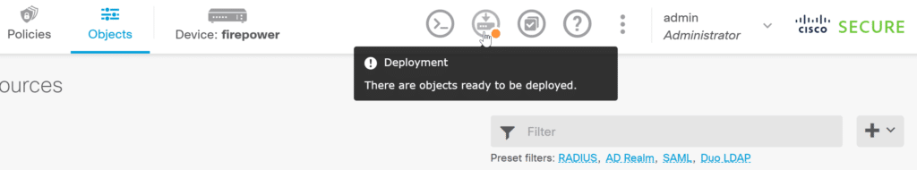 Image showing the deployment of a new RADIUS Server and RADIUS Server Group during MFA for Cisco FTD Firepower Firewall configuration in Firewall Device Manager.