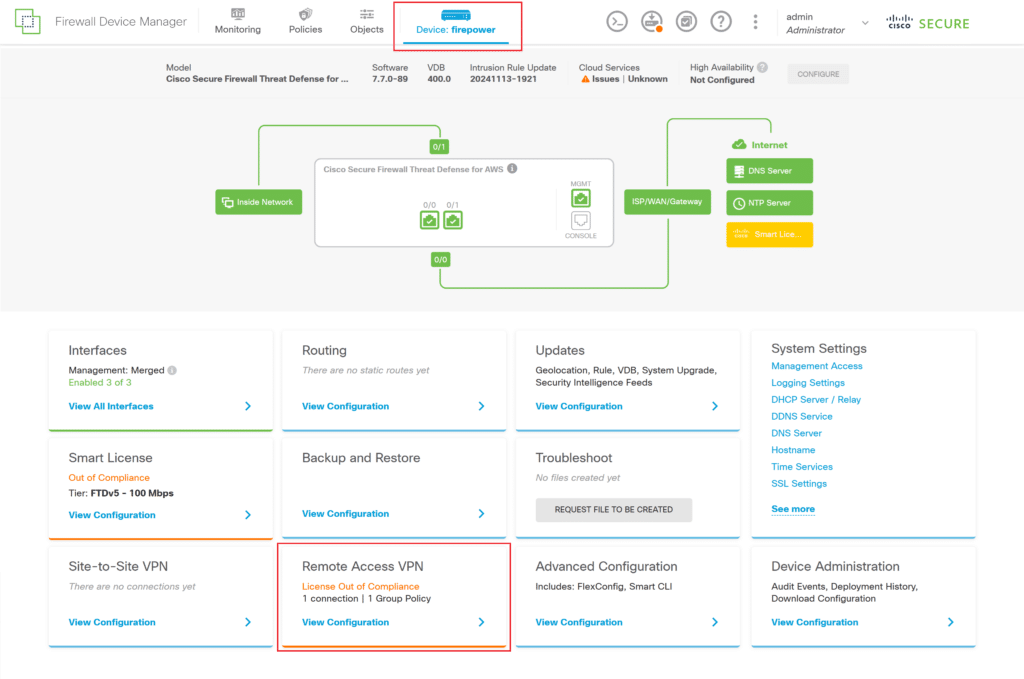 Image showing accessing Remote Access VPN settings during MFA for Cisco FTD Firepower Firewall configuration in Firewall Device Manager.