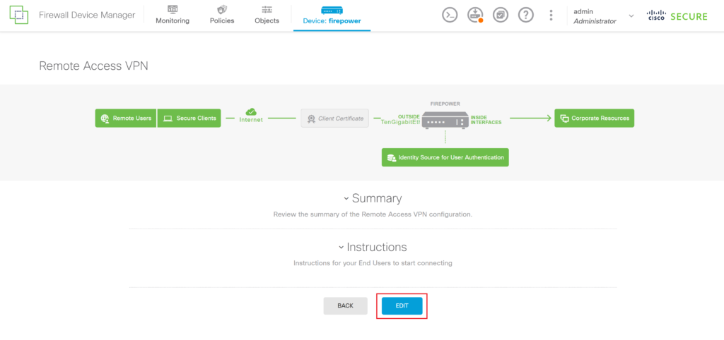 Image showing how to edit the Remote Access VPN configuration during MFA for Cisco FTD Firepower Firewall configuration in Firewall Device Manager.