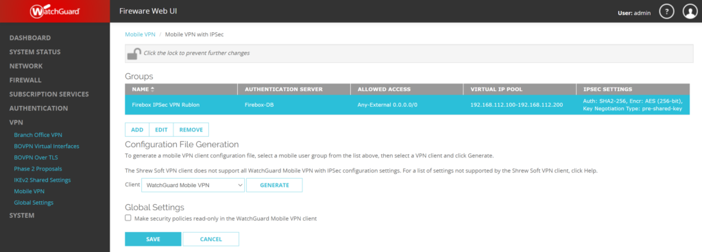 Image showing configuring MFA for WatchGuard Mobile VPN with IPSec