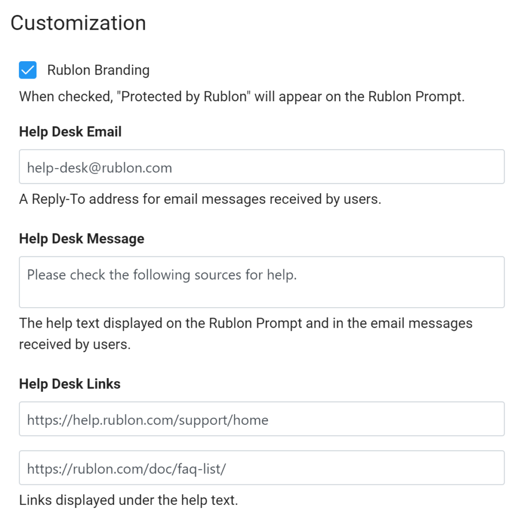 Image showing customization settings in the Rublon Admin Console
