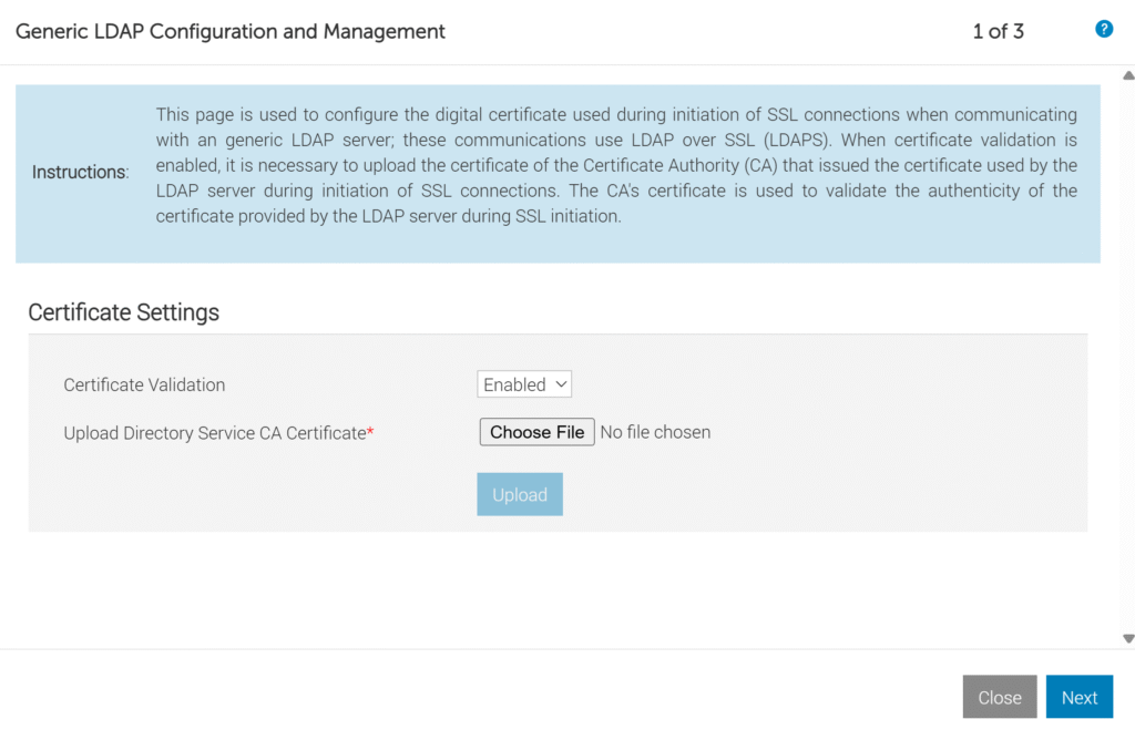 Image showing the certificate settings in the Generic LDAP Configuration and Management window.