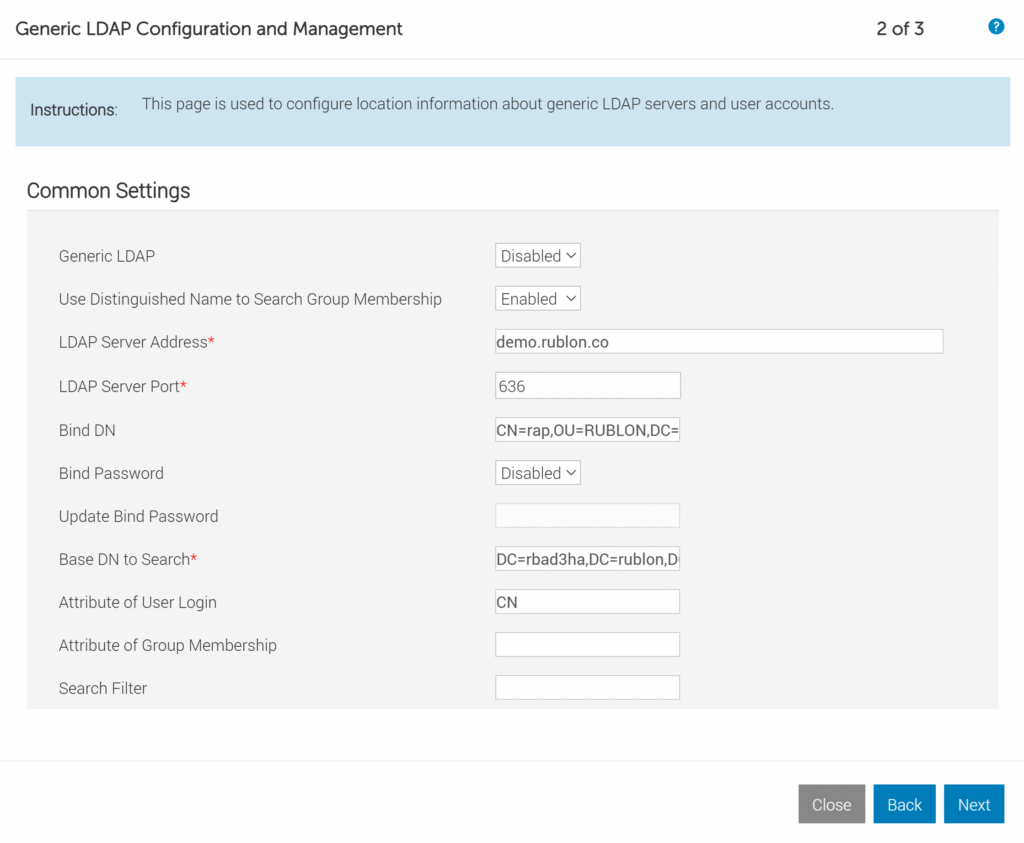 Image showing the common settings in the Generic LDAP Configuration and Management window.