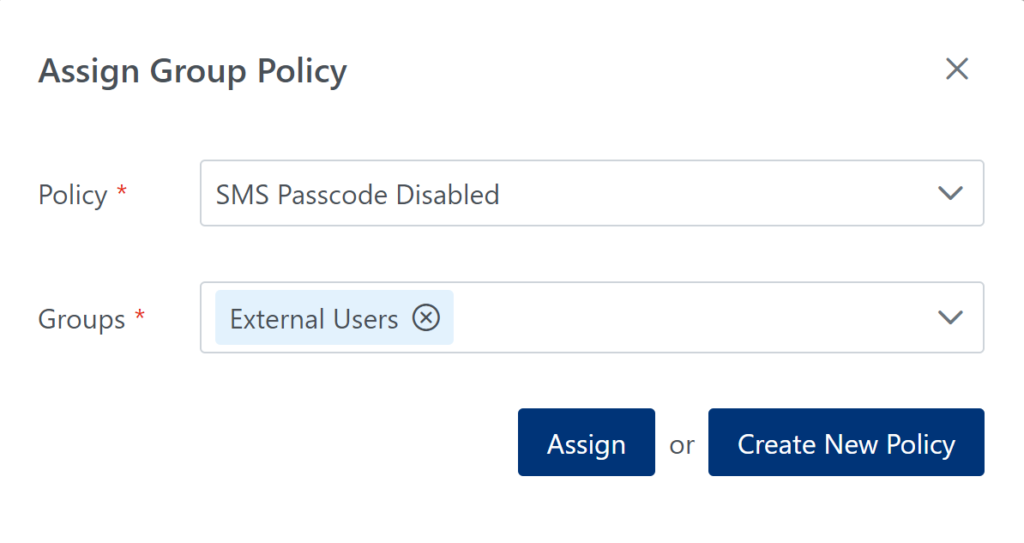 Image showing assigning the SMS Passcode Disabled policy to the External Users group