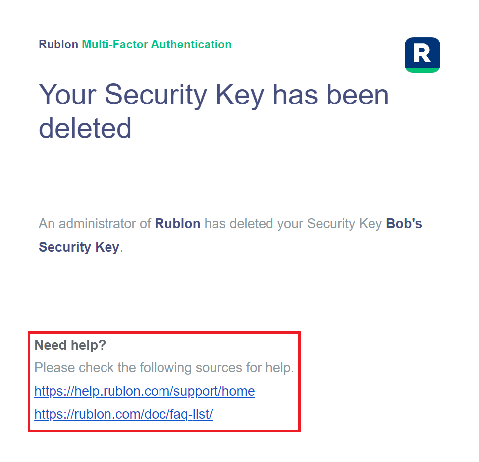 Image showing custom help text on an email message from Rublon