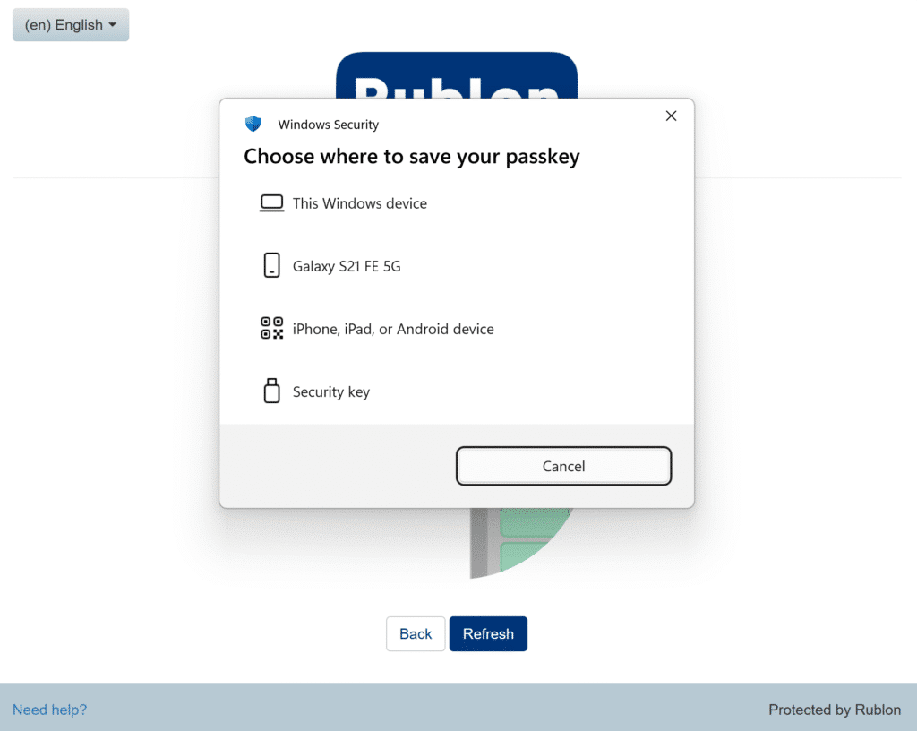 Image showing a Windows Security prompt asking the user to choose where to save the passkey