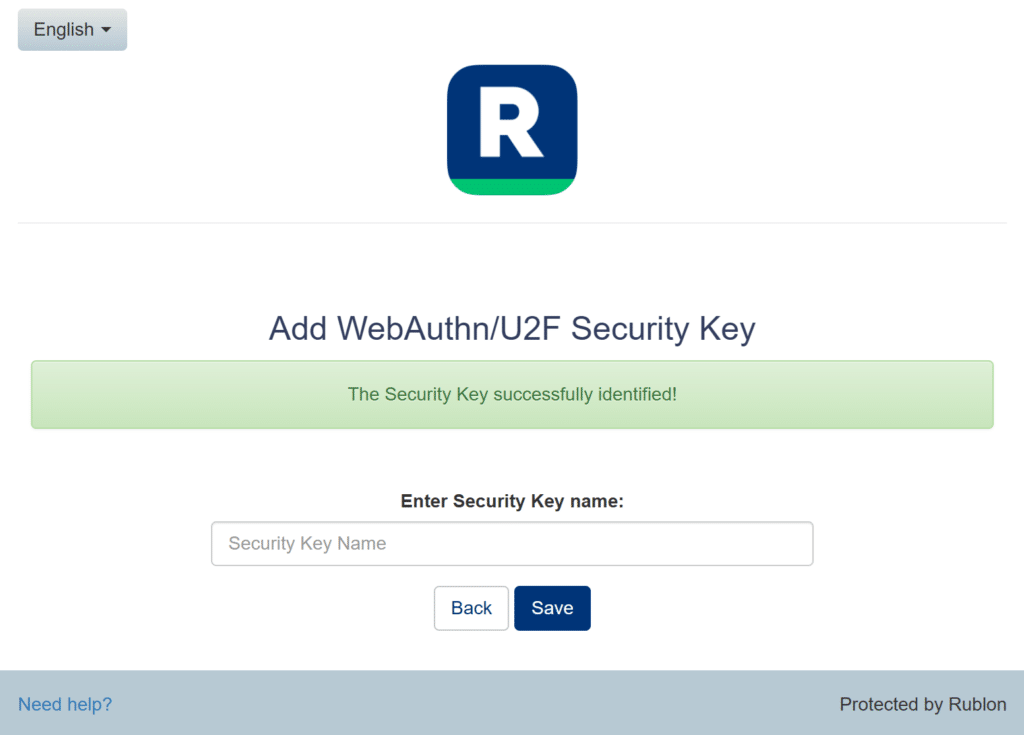 Image showing a Rublon Prompt asking the user to enter a name for their security key