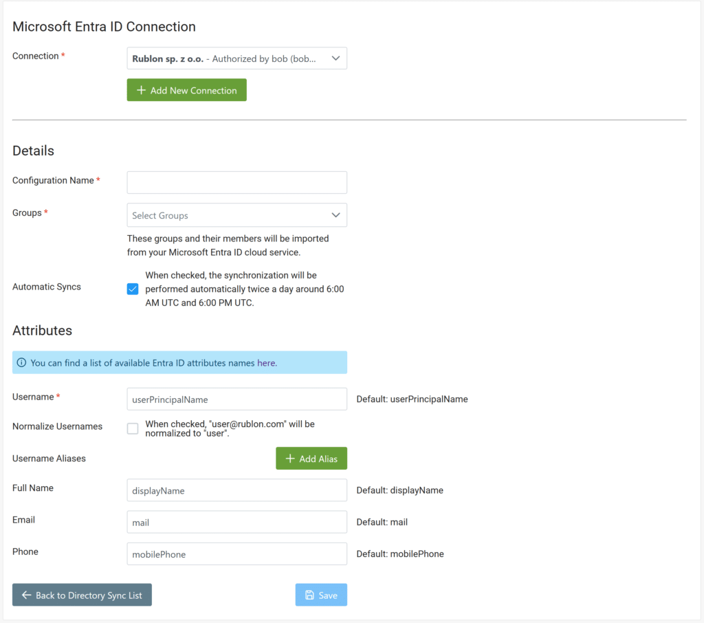 Image showing the Details and Attributes sections of Entra ID Sync Configuration