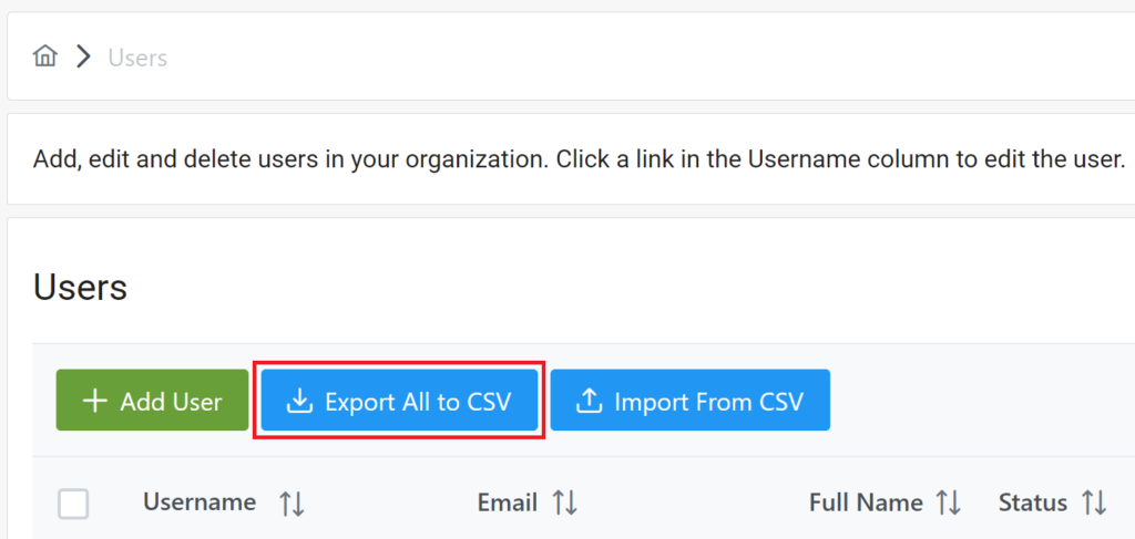 Image showing the Export All to CSV button in the Users tab of the Admin Console