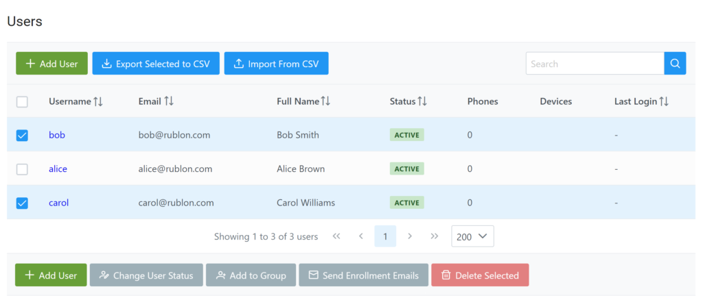 Image showing the Export Selected to CSV button in the Users tab of the Admin Console