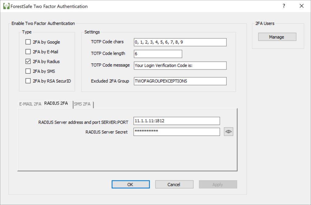 Image showing the ForestSafe Two-Factor Authentication window