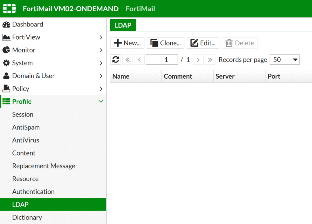 Image showing how to create a new LDAP Profile in the FortiMail admin panel.