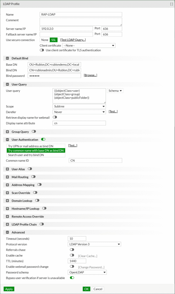 Image showing the window where you create a new LDAP Profile in Fortinet FortiMail.