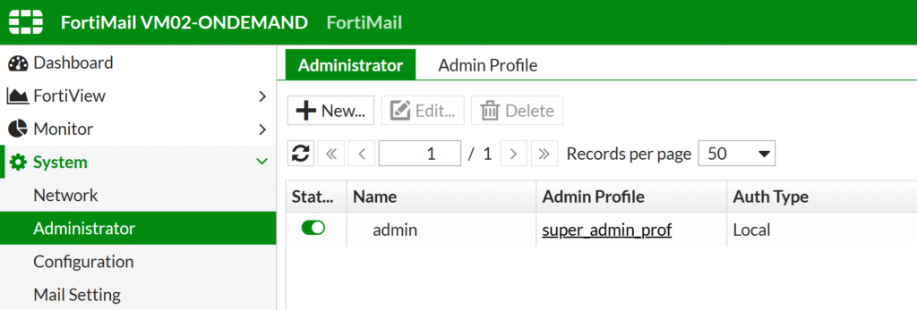 Image showing how to create a new administrator in Fortinet FortiMail’s admin panel.