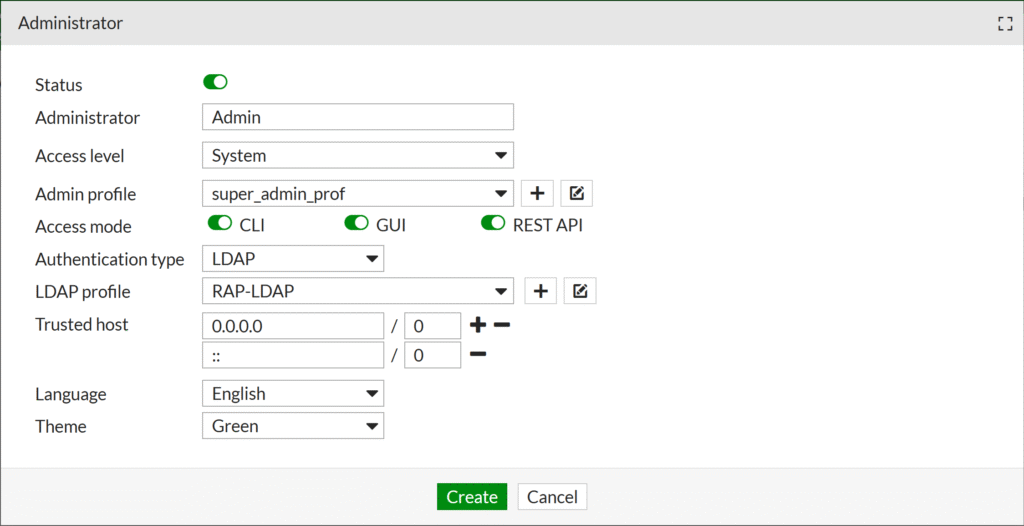 Image showing the window where you create a new administrator in Fortinet FortiMail.