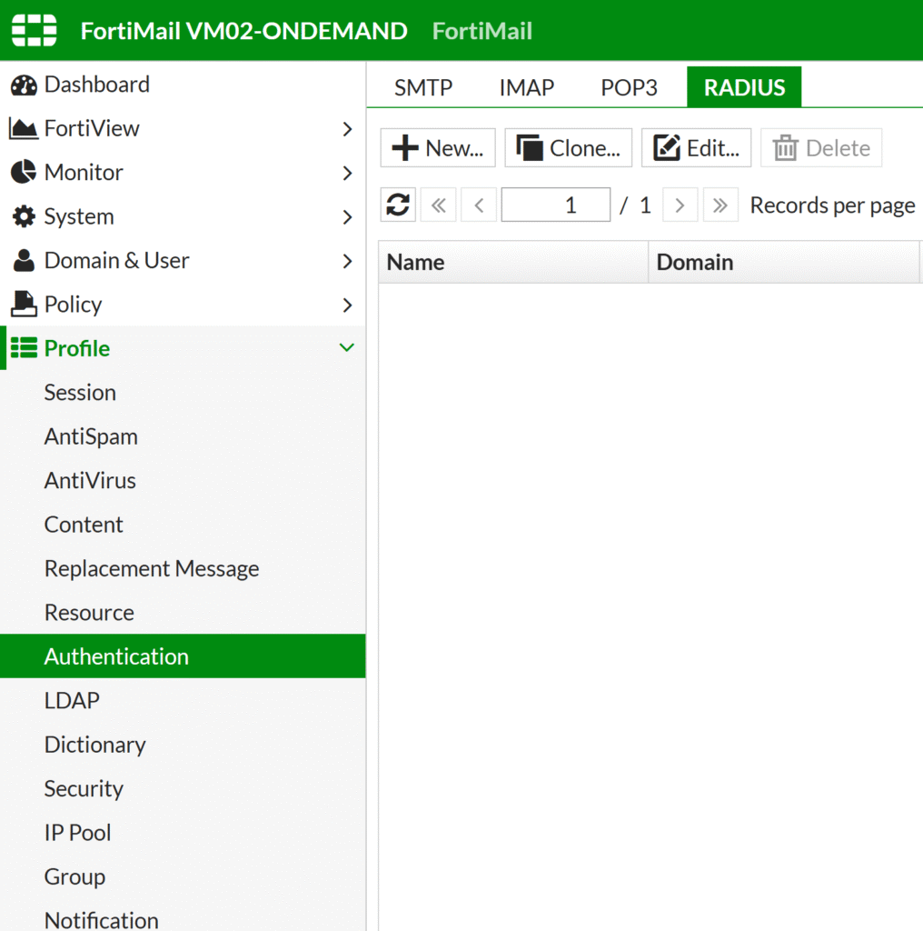 Obrazek pokazujący jak stworzyć nowy RADIUS Authentication Profile w panelu admina FortiMail.