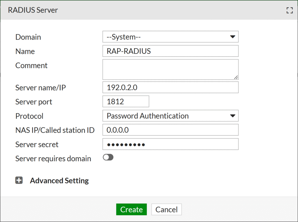 Obrazek pokazujący dodawania nowego serwera RADIUS w panelu admina Fortinet FortiMail.