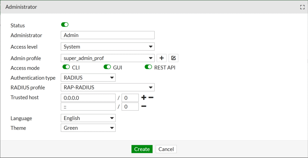 Obrazek pokazujący okno, w którym tworzy się nowego administratora w Fortinet FortiMail.