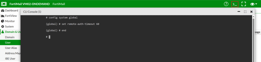 Obrazek pokazujący sposób zmiany limitu czasu uwierzytelniania w konsoli CLI FortiMail.