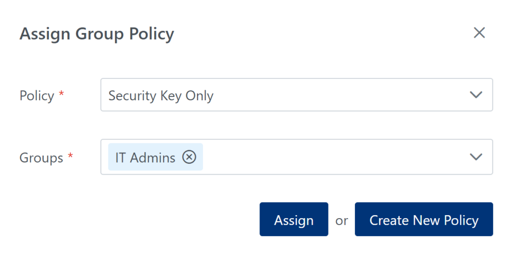 Image showing how to assign the newly-created custom policy as a Group Policy to one or more users groups in the context of an application