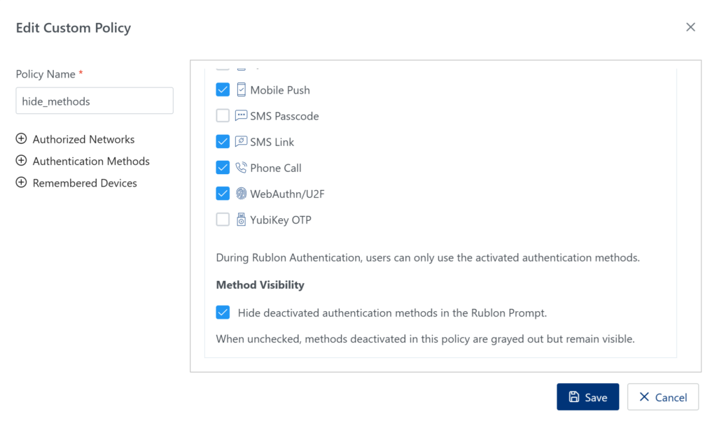 Image showing the Hide deactivated authentication methods in the Rublon Prompt checkbox.