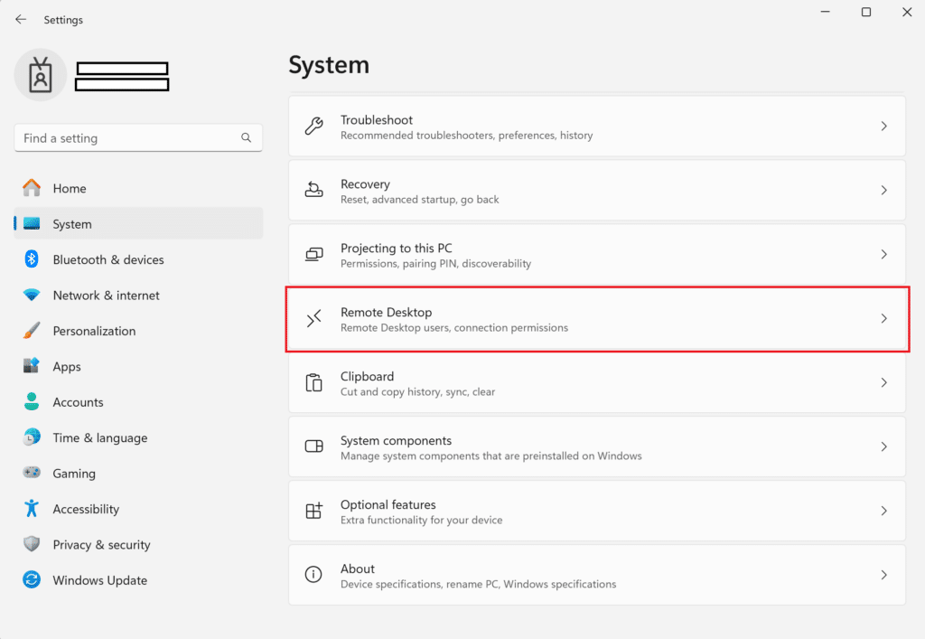 Image showing selecting Remote Desktop in Windows Settings.