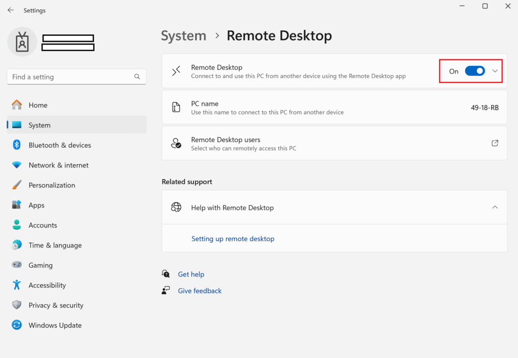 Image showing enabling Remote Desktop so that users can connect to and use this PC from another device using the Remote Desktop app.