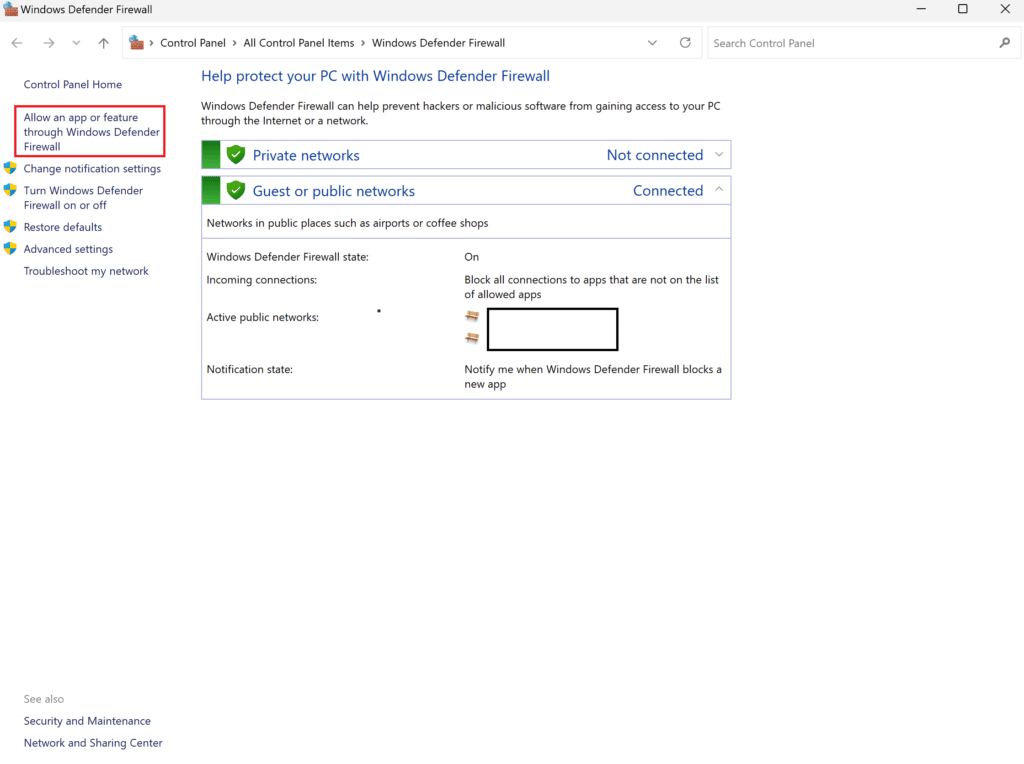 Image showing the Windows Defender Firewall settings in Control Panel.