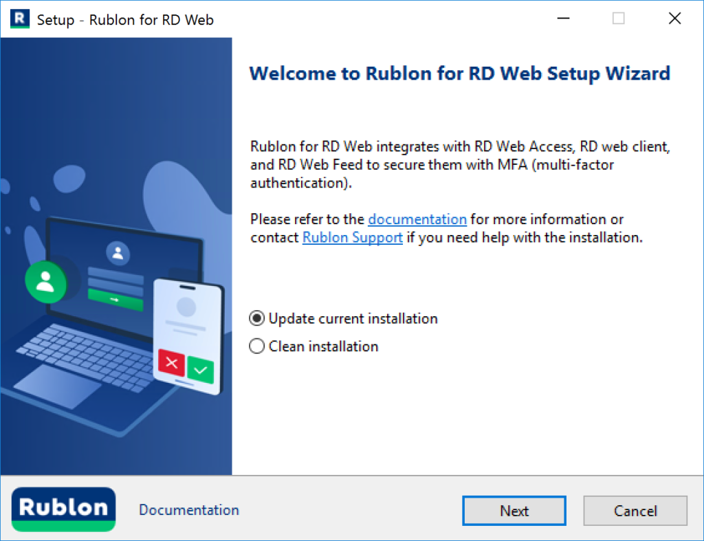 Image of RD Web Access installer showing choosing between update current installation and clean installation