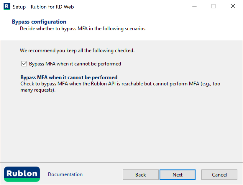 Image showing bypass configuration for Rublon MFA for RD Web Access installer