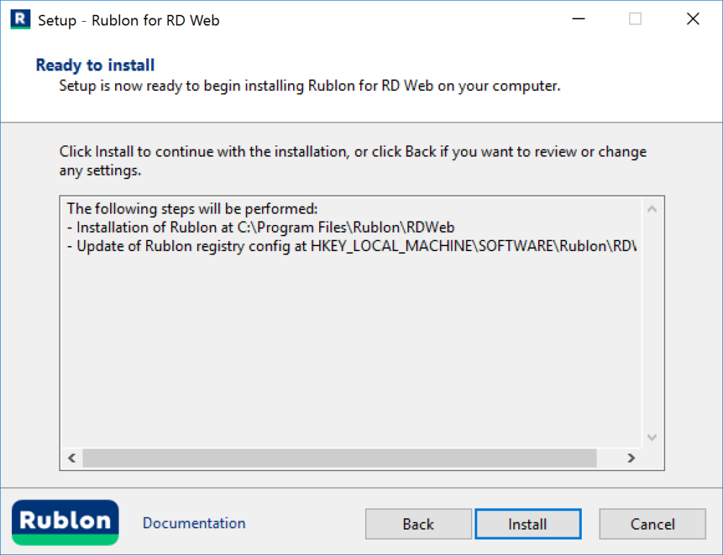 Image showing Rublon MFA for Remote Desktop Web Access is ready to install