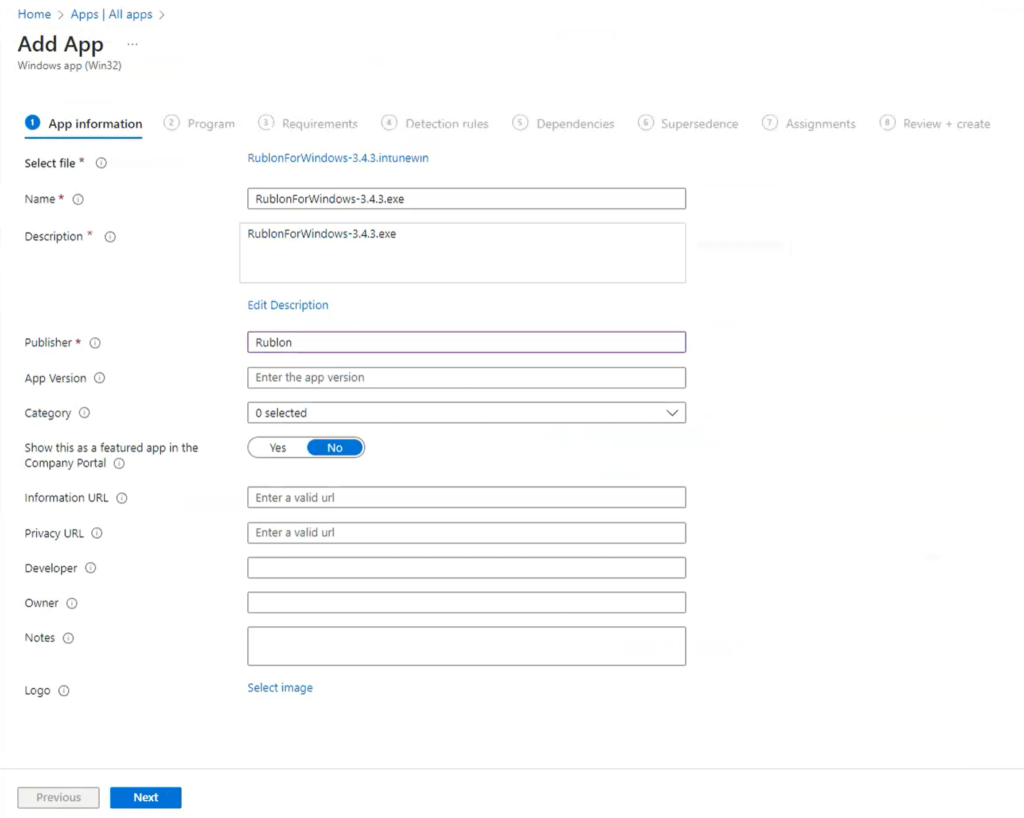 Image showing entering app information in Intune
